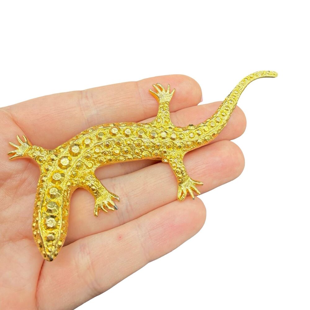 Vintage Lizard Brooch 4 Inch Reptile Gold Tone Pin